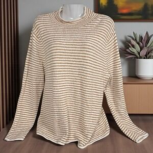 JCREW Striped Mockneck Pullover Sweater Camel Brown Ivory Stripe Neutral XL Fall